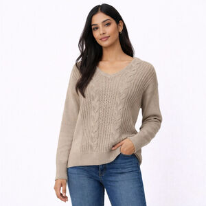 THE LIMITED Beige Cable Knit V-Neck Button Back Sweater M